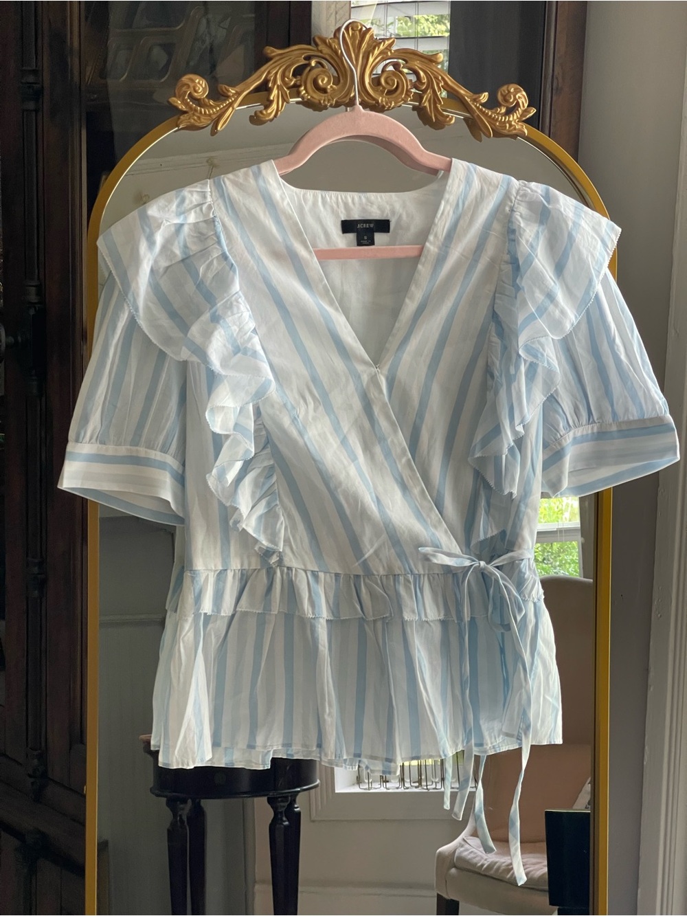 J. Crew 100% Cotton Blue & White Striped Ruffle Wrap Top